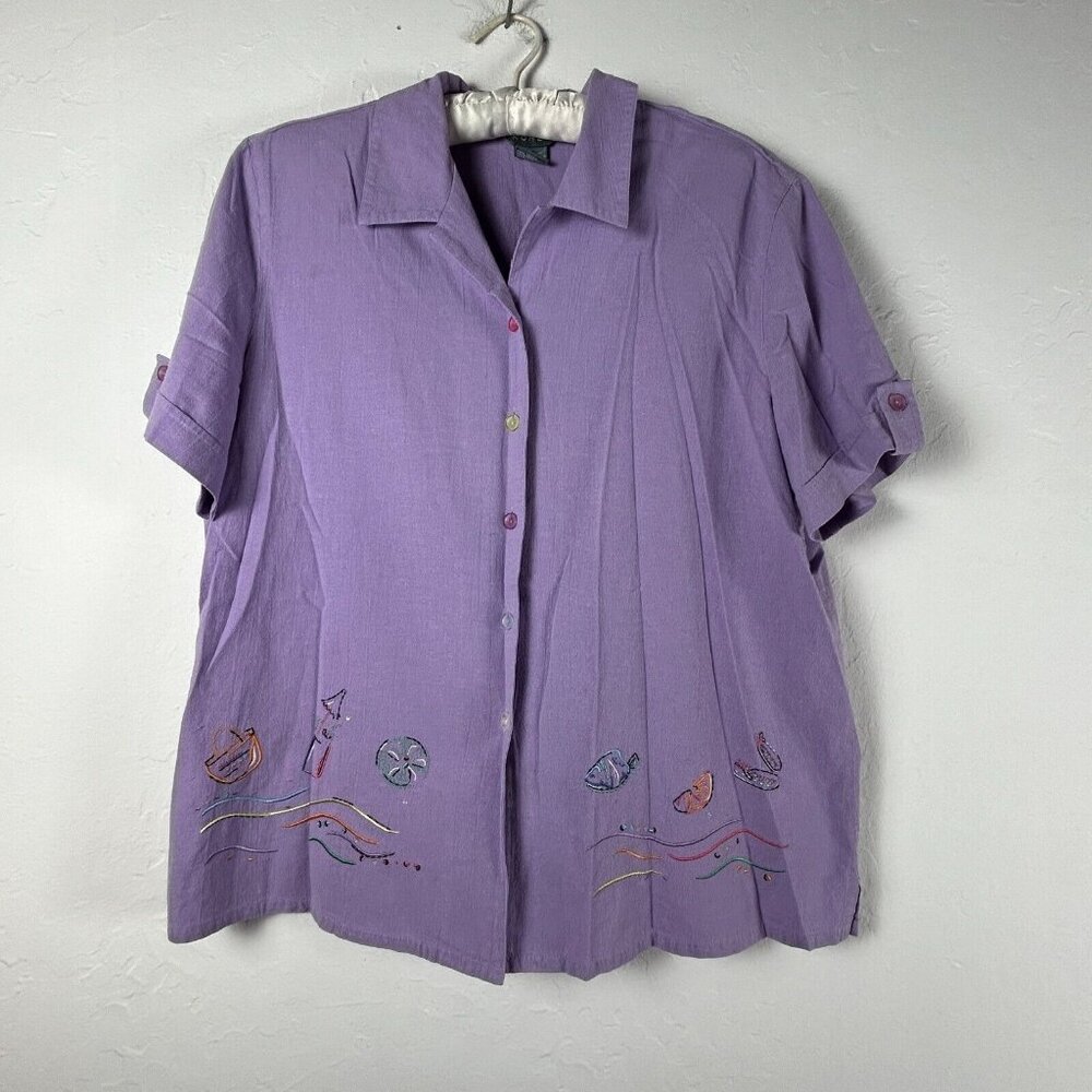 Vintage Koret Hand Printed Button Down Blouse and Pants Set Size Large Purple